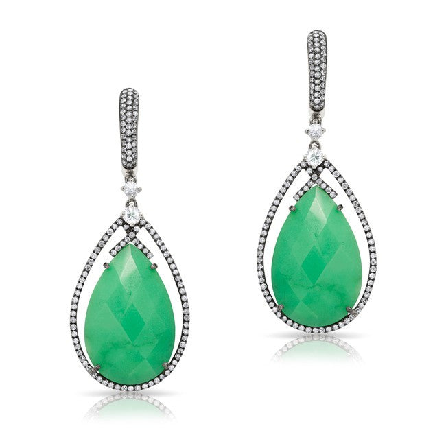 14KT Oxidized White Gold Chrysoprase Diamond Drop Earrings