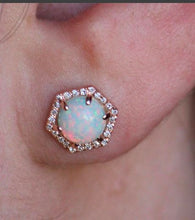 14KT Rose Gold White Opal Diamond Hexagon Stud Earrings