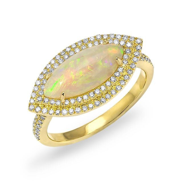 14KT Yellow Gold Marquis Opal Double Halo Diamond Ring