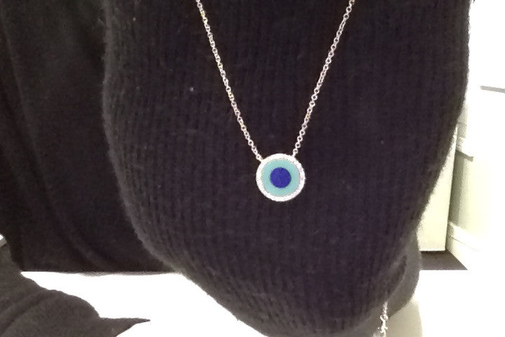 NOL: 14KT Yellow Gold Diamond and Turquoise and Lapis Evil Eye Disc Necklace