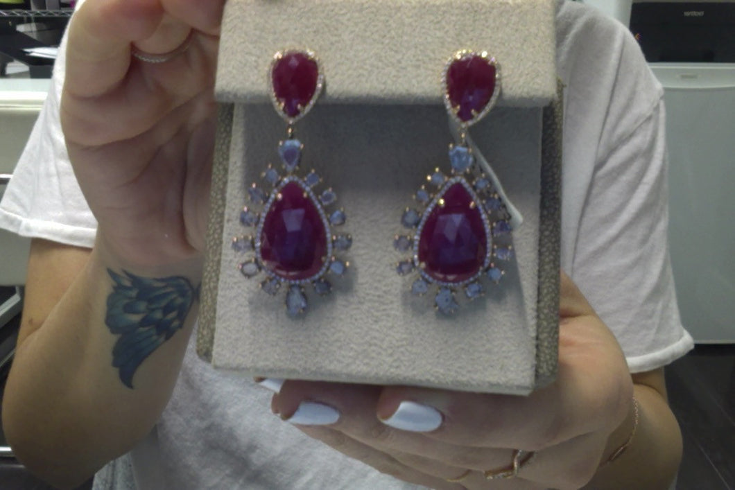 14KT Rose Gold Diamond Slice and Ruby Flower Earrings