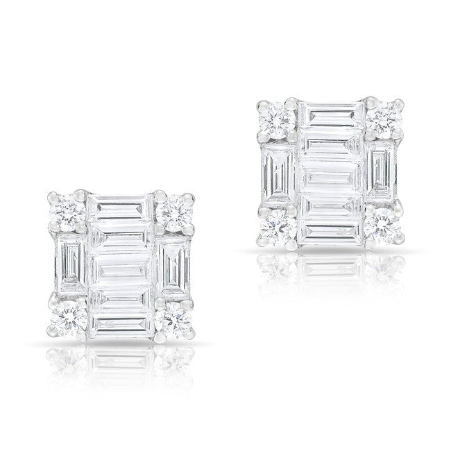 14KT White Gold Baguette Diamond Square Stud Earrings