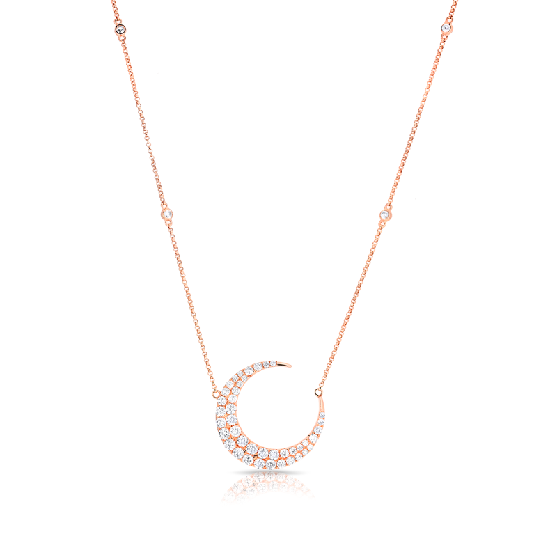 14KT Rose Gold Diamond Moon With Diamond Chain Necklace