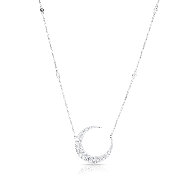 14KT White Gold Diamond Moon With Diamond Chain Necklace