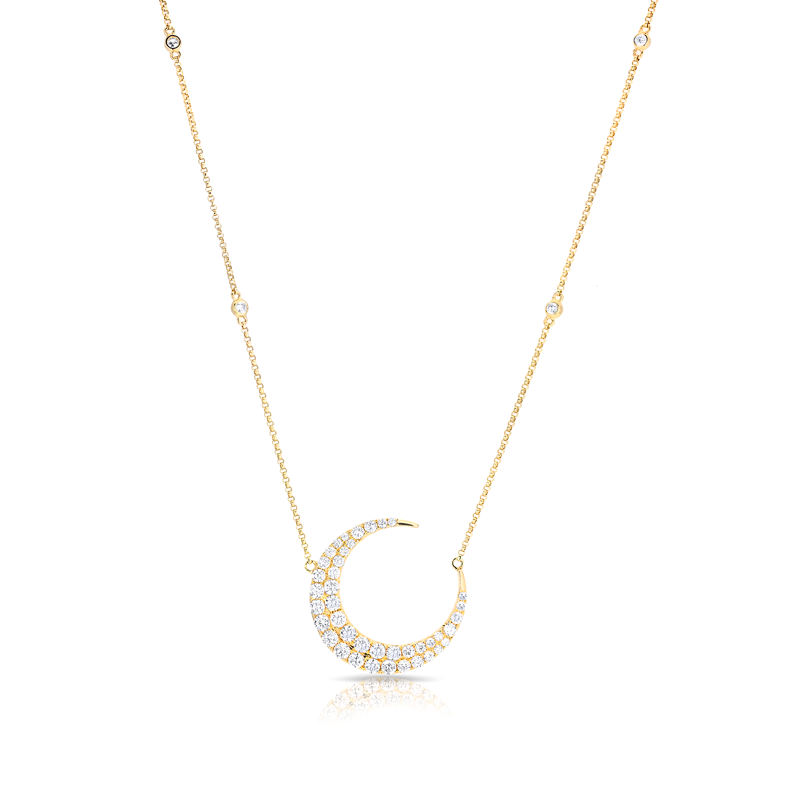 14KT Yellow Gold Diamond Moon With Diamond Chain Necklace