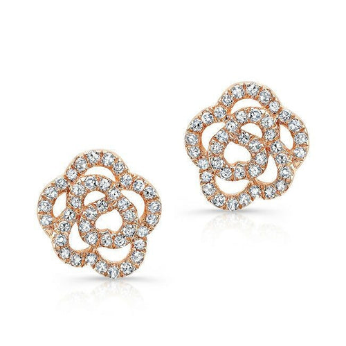 14KT Rose Gold Diamond Camellia Flower Stud Earrings