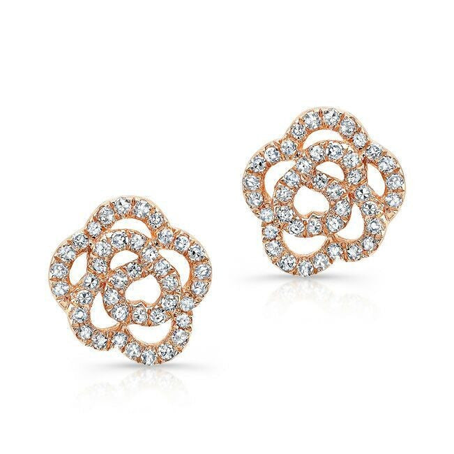 14KT Rose Gold Diamond Camellia Flower Stud Earrings