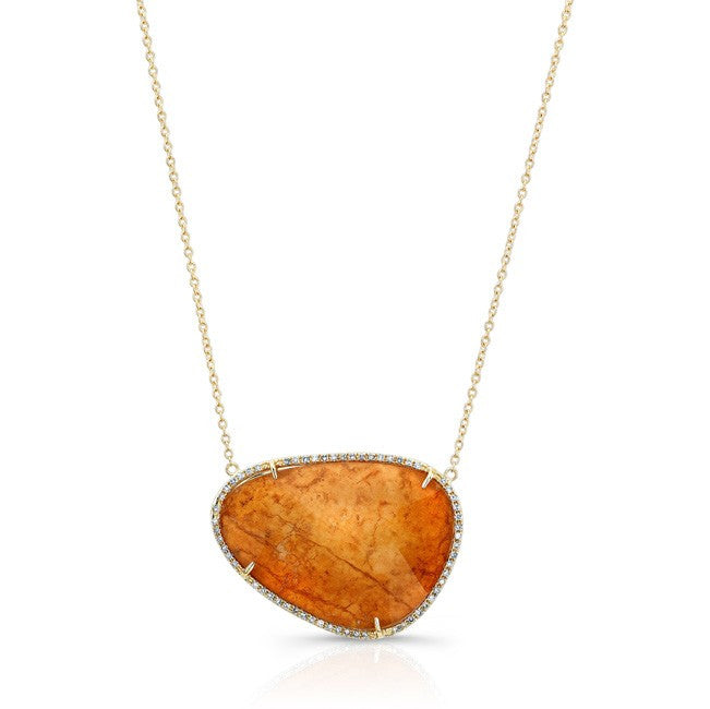 14KT Yellow Gold Spessartite Garner Diamond Organic Shape Necklace