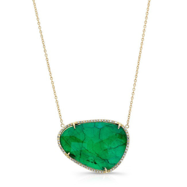 14KT Yellow Gold Emerald Diamond Organic Shape Necklace