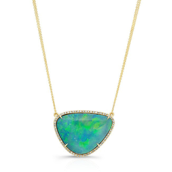 14KT Yellow Gold Opal Diamond Large Organic Shape Necklace