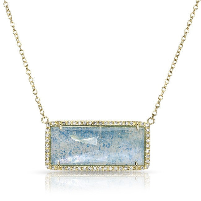 14KT Yellow Gold Blue Topaz Diamond Brick Necklace