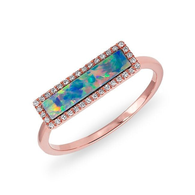 14KT Rose Gold Opal Diamond Brick Ring