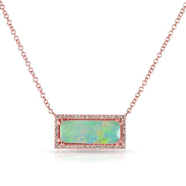 14KT Rose Gold Green Opal Diamond Block Necklace