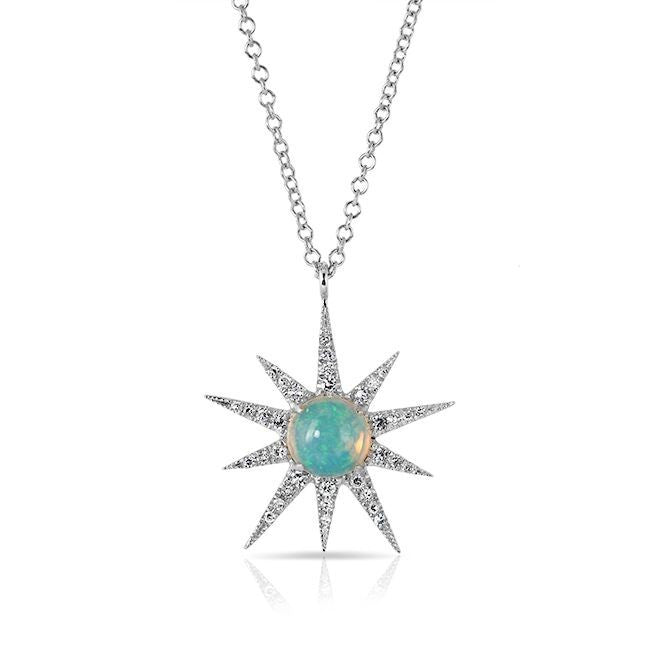 14KT White Gold Opal Diamond Starburst Necklace