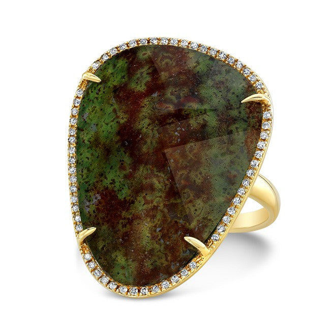 14KT Yellow Gold Blood Stone Diamond Organic Shape Diamond Cocktail Ring