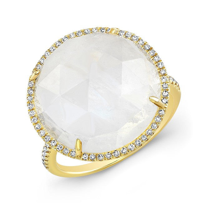 14KT Yellow Gold Moonstone Diamond Round Cocktail Ring
