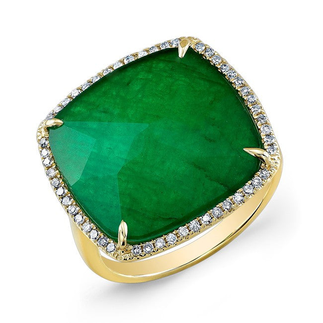 14KT Yellow Gold Emerald Diamond Triplet Cushion Cut Cocktail Ring