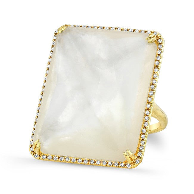 14KT Yellow Gold White Mother of Pearl White Topaz Diamond Rectangle Cocktail Ring