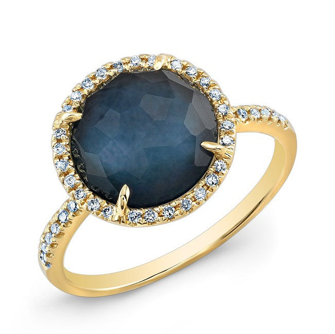 14KT Yellow Gold Dark Azul Diamond Round Cocktail Ring