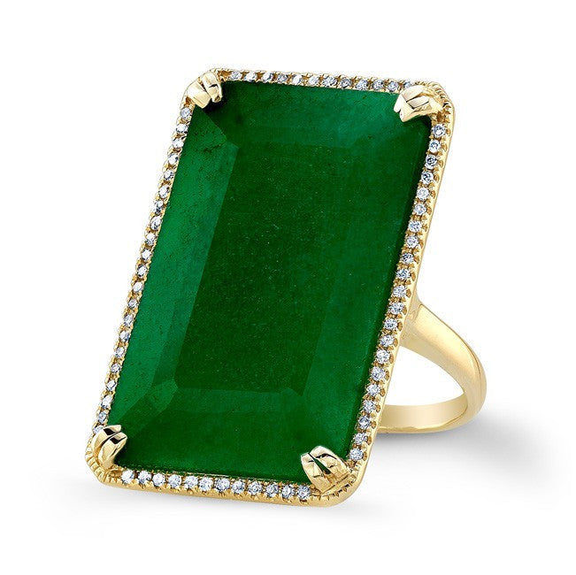 14KT Yellow Gold Emerald Diamond Rectangle Cocktail Ring