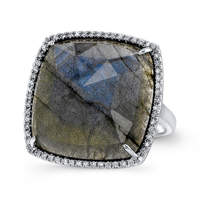 14KT White Gold Labradorite Diamond Cushion Cut Cocktail Ring