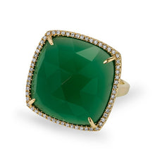 14KT Yellow Gold Green Agate Diamond Triplet Cushion Cut Cocktail Ring