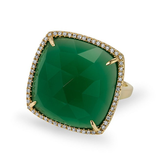 14KT Yellow Gold Green Agate Diamond Triplet Cushion Cut Cocktail Ring