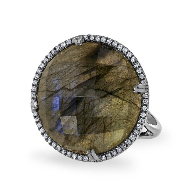 14KT Oxidized White Gold Labradorite Diamond Round Cocktail Ring