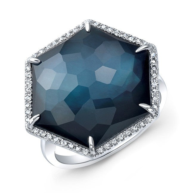 14KT White Gold Dark Azul Diamond Hexagon Cocktail Ring