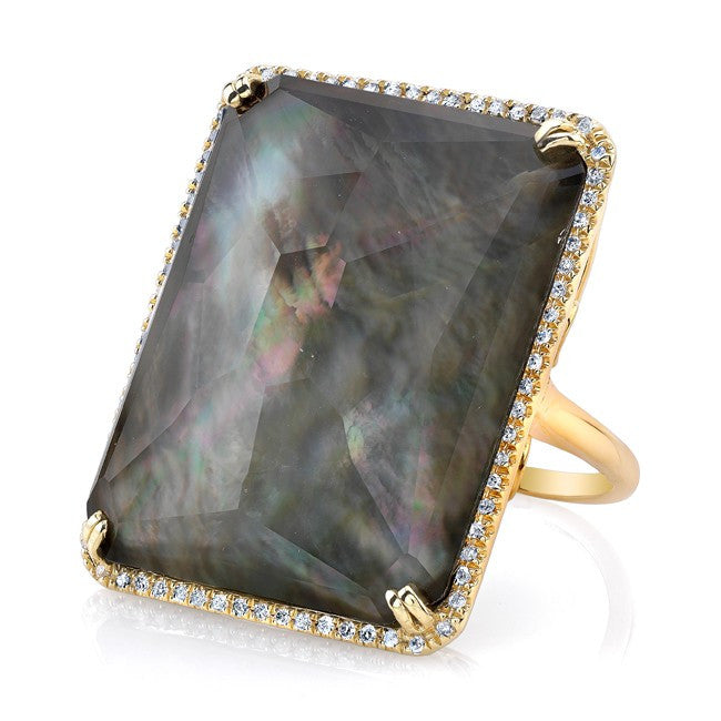 14KT Yellow Gold Black Mother Of Pearl Rectangle Diamond Cocktail Ring