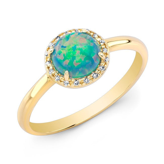 14KT Yellow Gold Green Opal Diamond Solitaire Ring