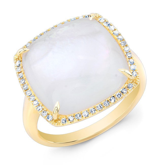 14KT Yellow Gold Mother Of Pearl Diamond Cushion Cut Cocktail Ring