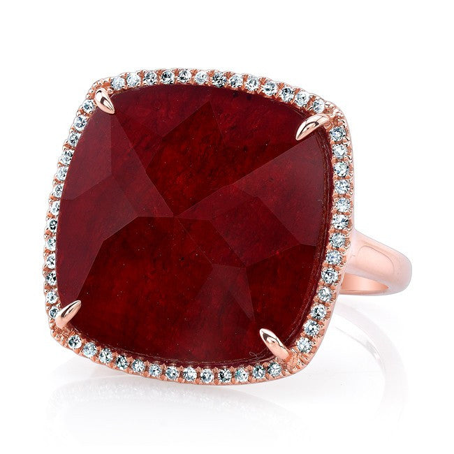14KT Rose Gold Ruby Diamond Cushion Cut Cocktail Ring