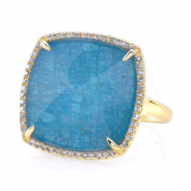 14KT Yellow Gold Blue Apatite Diamond Triplet Cushion Cut Cocktail Ring