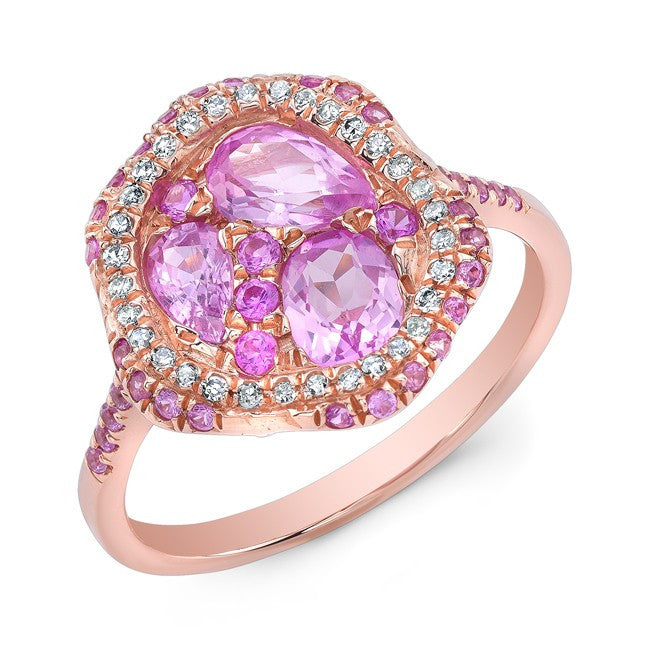 14KT Rose Gold Pink Sapphire Cluster Diamond Cocktail Ring