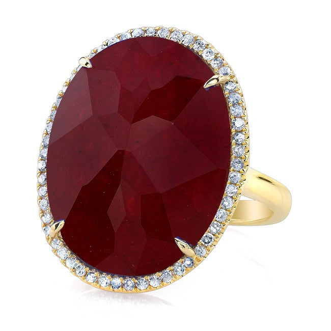 14KT Yellow Gold Ruby Diamond Oval Cocktail Ring