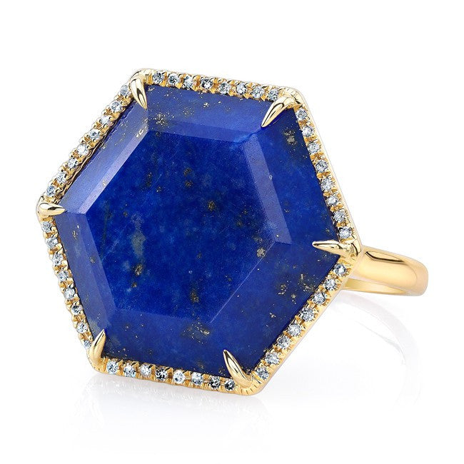 14KT Yellow Gold Lapis Hexagon Diamond Cocktail Ring