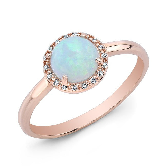 14KT Rose Gold White Opal Diamond Solitaire Ring