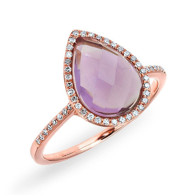 14KT Rose Gold Pink Amethyst Diamond Pear Ring