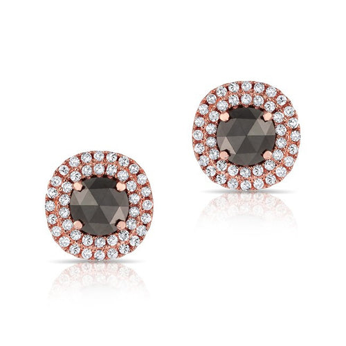 14KT Rose Gold Black Diamond Double Halo Stud Earrings