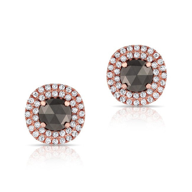 14KT Rose Gold Black Diamond Double Halo Stud Earrings