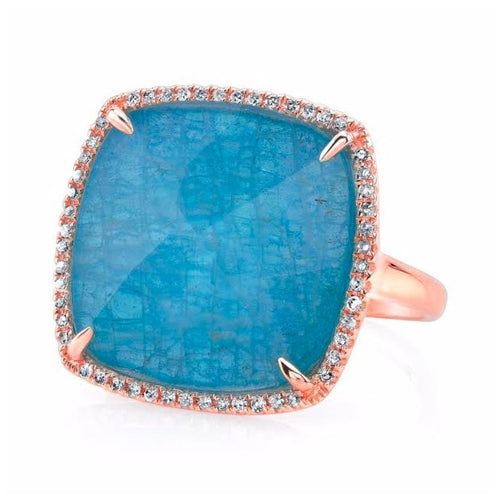 14KT Rose Gold Blue Apatite Diamond Triplet Cushion Cut Cocktail Ring