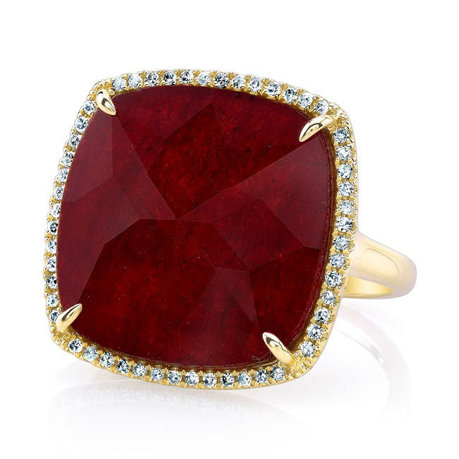 14KT Yellow Gold Ruby Diamond Cushion Cut Cocktail Ring