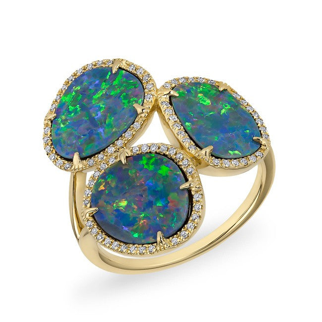 14KT Yellow Gold Opal Diamond Trinity Ring
