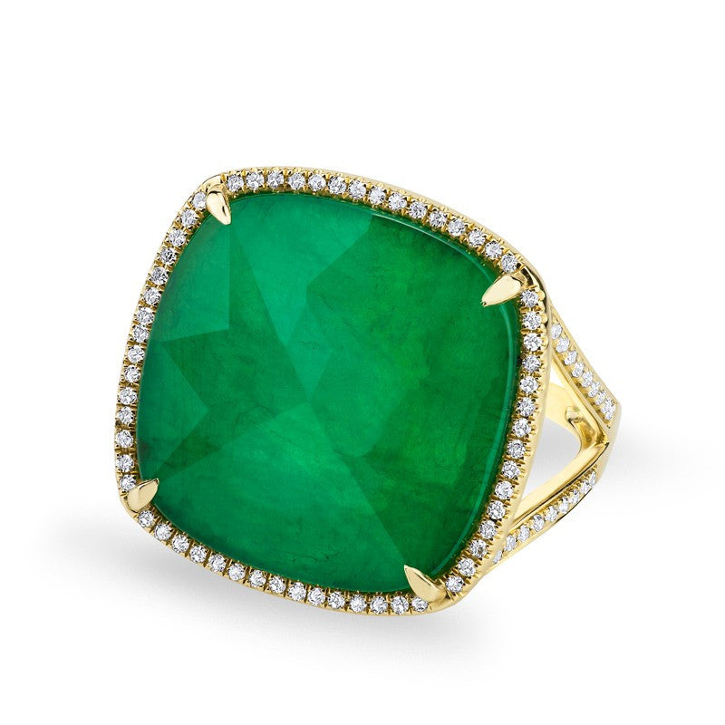 14KT Yellow Gold Emerald Diamond Triplet Cushion Cut Luxe Cocktail Ring