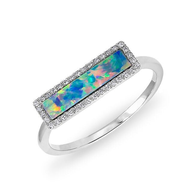 14KT White Gold Opal Diamond Brick Ring