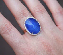 14KT Yellow Gold Blue Sapphire Diamond Oval Cocktail Ring