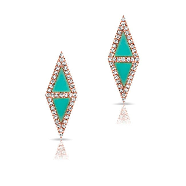 14KT Rose Gold Turquoise Diamond Double Triangle Stud Earrings