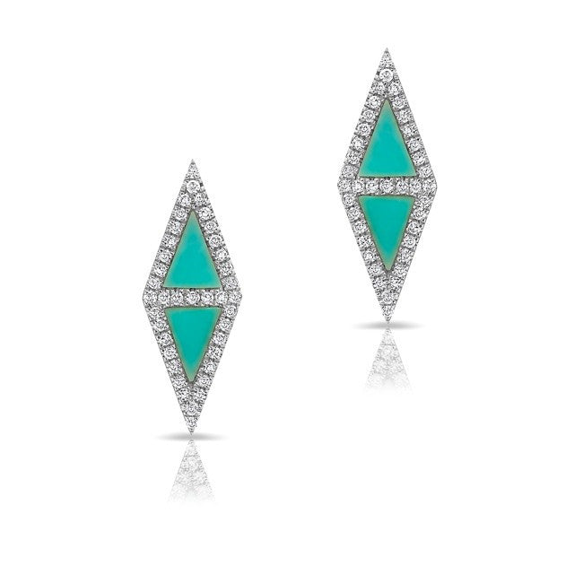 14KT White Gold Turquoise Diamond Double Triangle Stud Earrings
