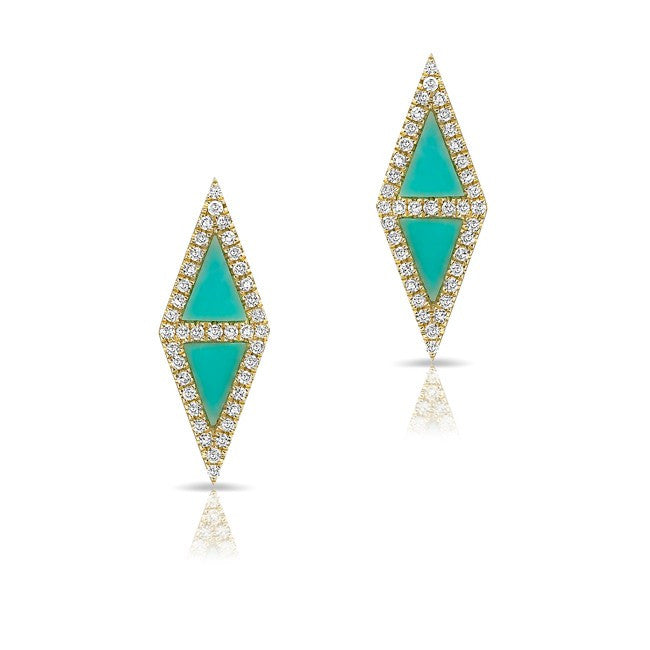 14KT Yellow Gold Turquoise Diamond Double Triangle Stud Earrings
